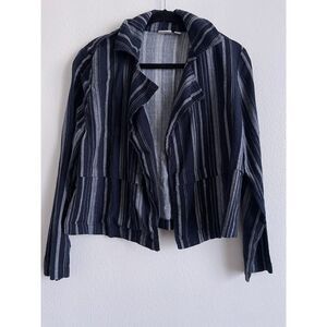 Cato Linen Rayon Cardigan Jacket Blouse Women Large Navy Blue Striped Open Front